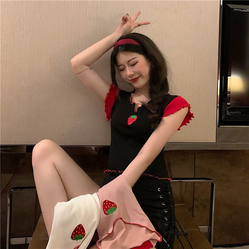 AMOI Áo Thun Dệt Kim Tay Ngắn Dáng Rộng Thêu Hình Dâu Tây Phong Cách Hàn Quốc Dành Cho Nữ