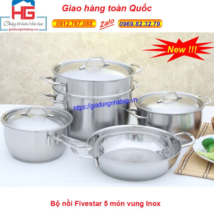 Bộ nồi inox fivestar 5 chiếc 3 đáy từ vung Inox