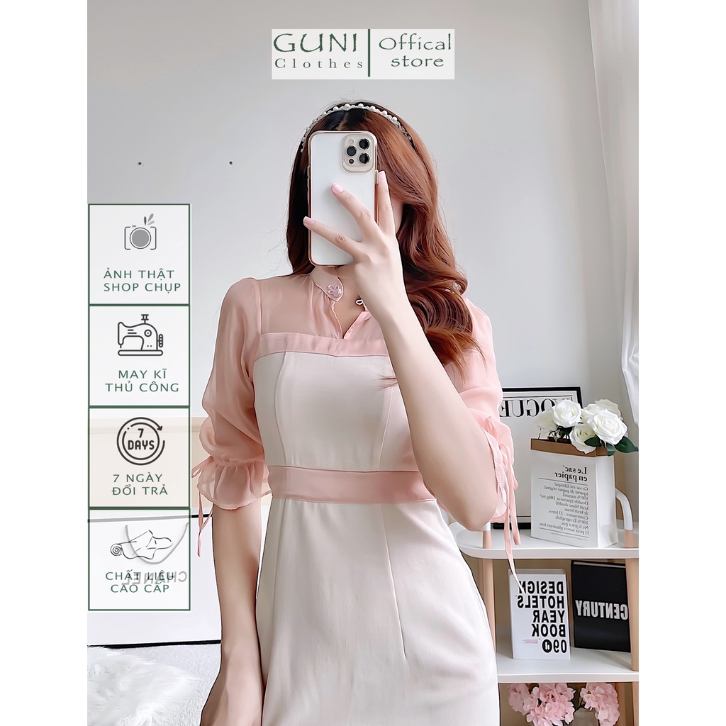Đầm suông nữ Guni cổ tàu phối tơ