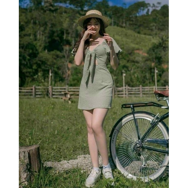 Váy xanh nơ ngưc , đầm nữ đẹp tay bo phồng, váy nữ cao cấp | BigBuy360 - bigbuy360.vn