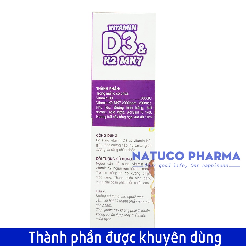 Vitamin D3 K2 Mk7 giúp bé hấp thụ canxi tăng trưởng chiều cao, nhanh mọc răng dạng nhỏ giọt tiện dụng- Lọ 10ml