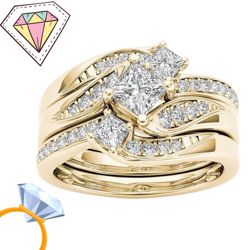 Set 3 nhẫn đính hôn khảm đá pha lê phong cách công chúa sang trọng