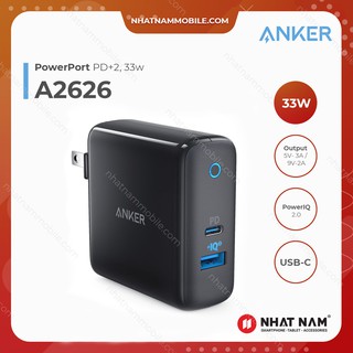 Sạc ANKER PowerPort PD+2 cổng 33w, 1 USB-C PD 18w, 1 PowerIQ 2.0 15w - A2626