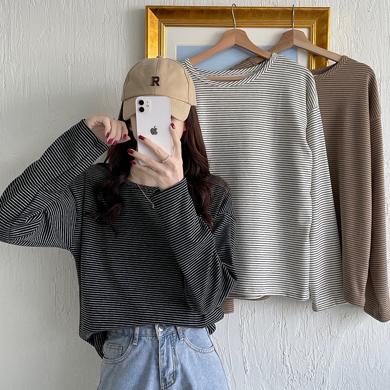 Áo thun SUXI cho nữ thiết kế cổ tròn dài tay sọc ngang thời trang