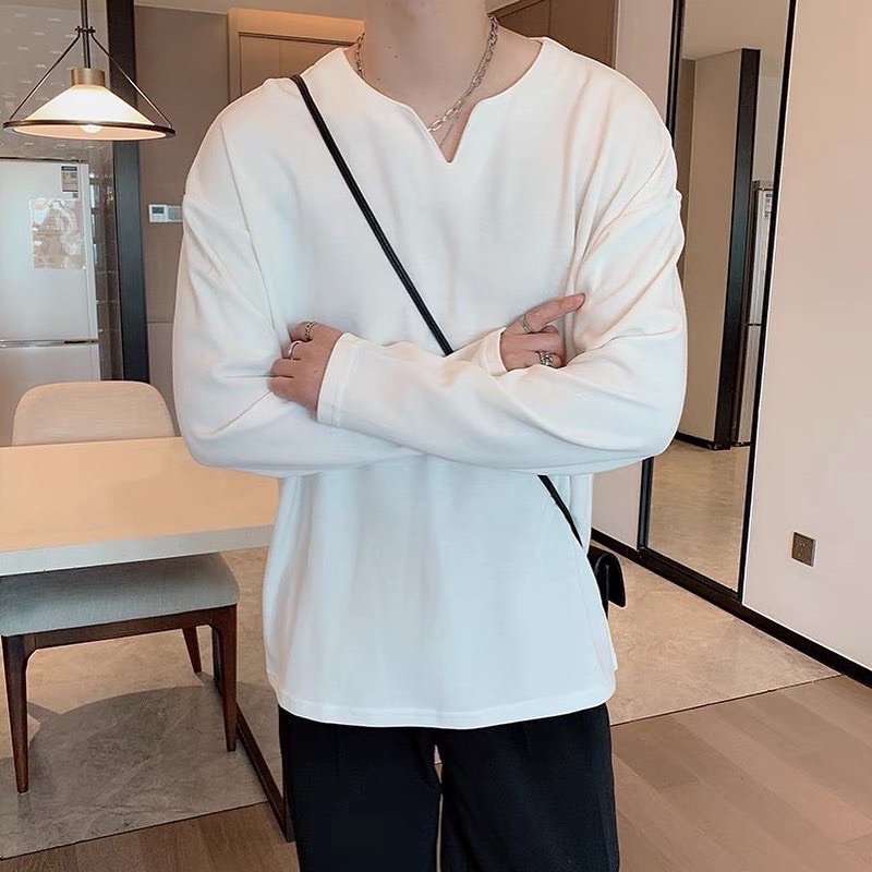 &lt;&lt;Có sẵn&gt;&gt; Áo cổ V nam nữ dài tay form rộng, áo thun cổ V nam nữ unisex