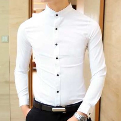 Áo sơ mi nam Cổ Tàu Trắng cúc Đen Vải lụa Thái lan, Sơ mi nam cổ tàu màu trắng dáng ôm Body hàn quốc | BigBuy360 - bigbuy360.vn