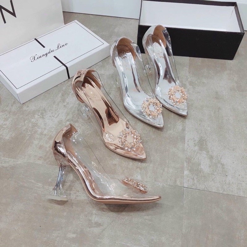 Giày cao gót dáng công sở gót ly quai trong hoa đá hàng VNXK cao 7cm