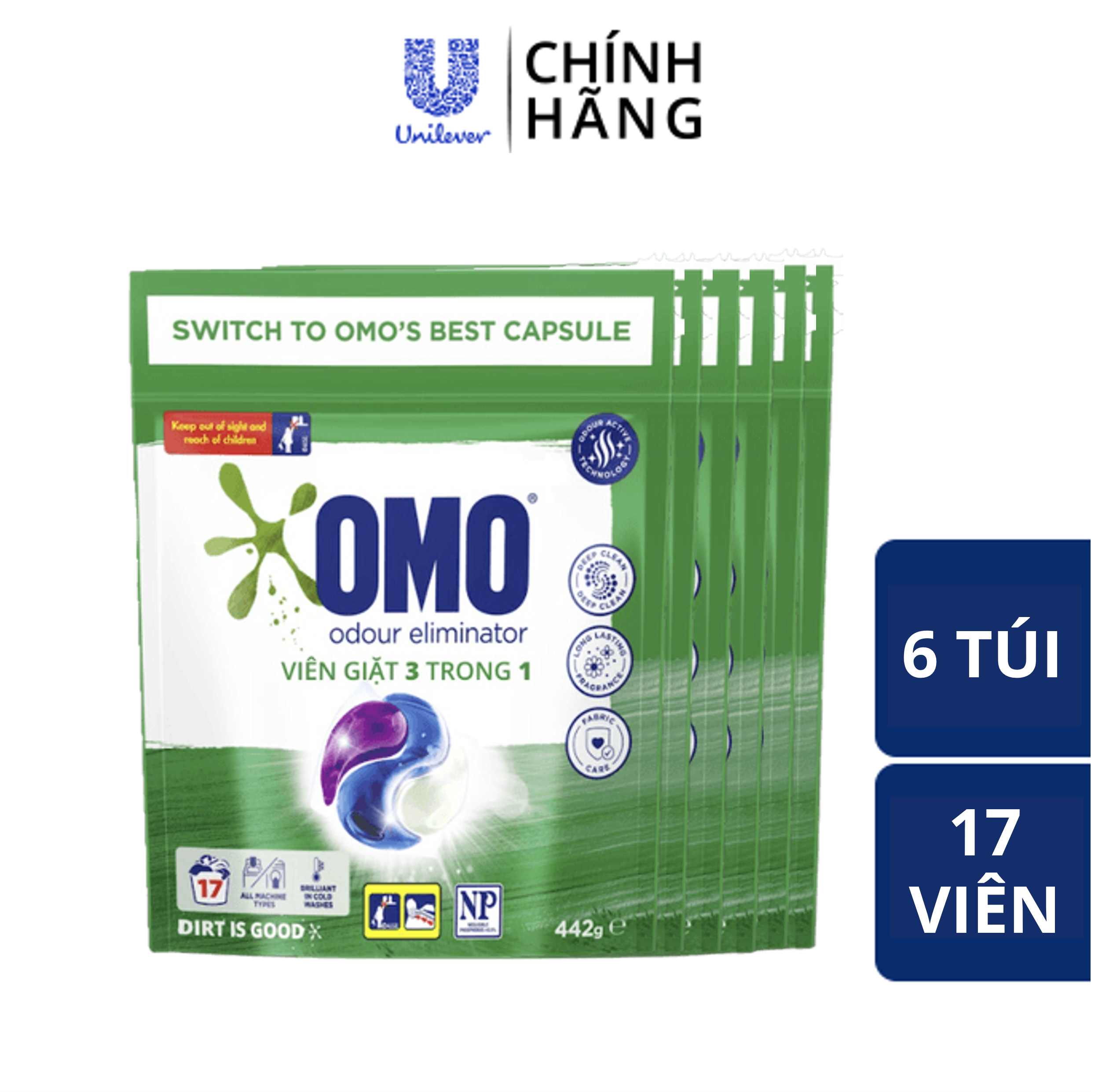 Combo 6 Túi Viên Giặt Tiện Lợi OMO Công Nghệ Anh Quốc - Khử Mùi (17 Viên/Túi)