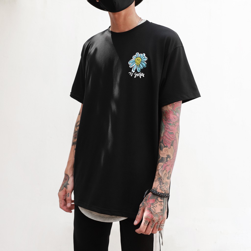 Áo Thun No Smile Màu Đen Chất Liệu Cotton Thoáng Mát Form Rộng Unisex Nam Nữ