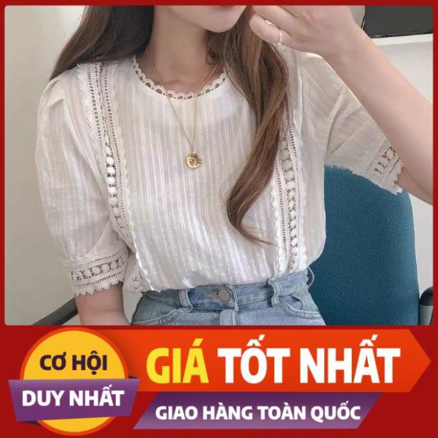 Áo Sơ Mi Cổ Tròn Dáng Xòe Tay Ren Ngắn Bèo Ngực Chữ U Họa Tiết Ren Thêu Hoa Nhí kèm video+ảnh thật aosominuhot