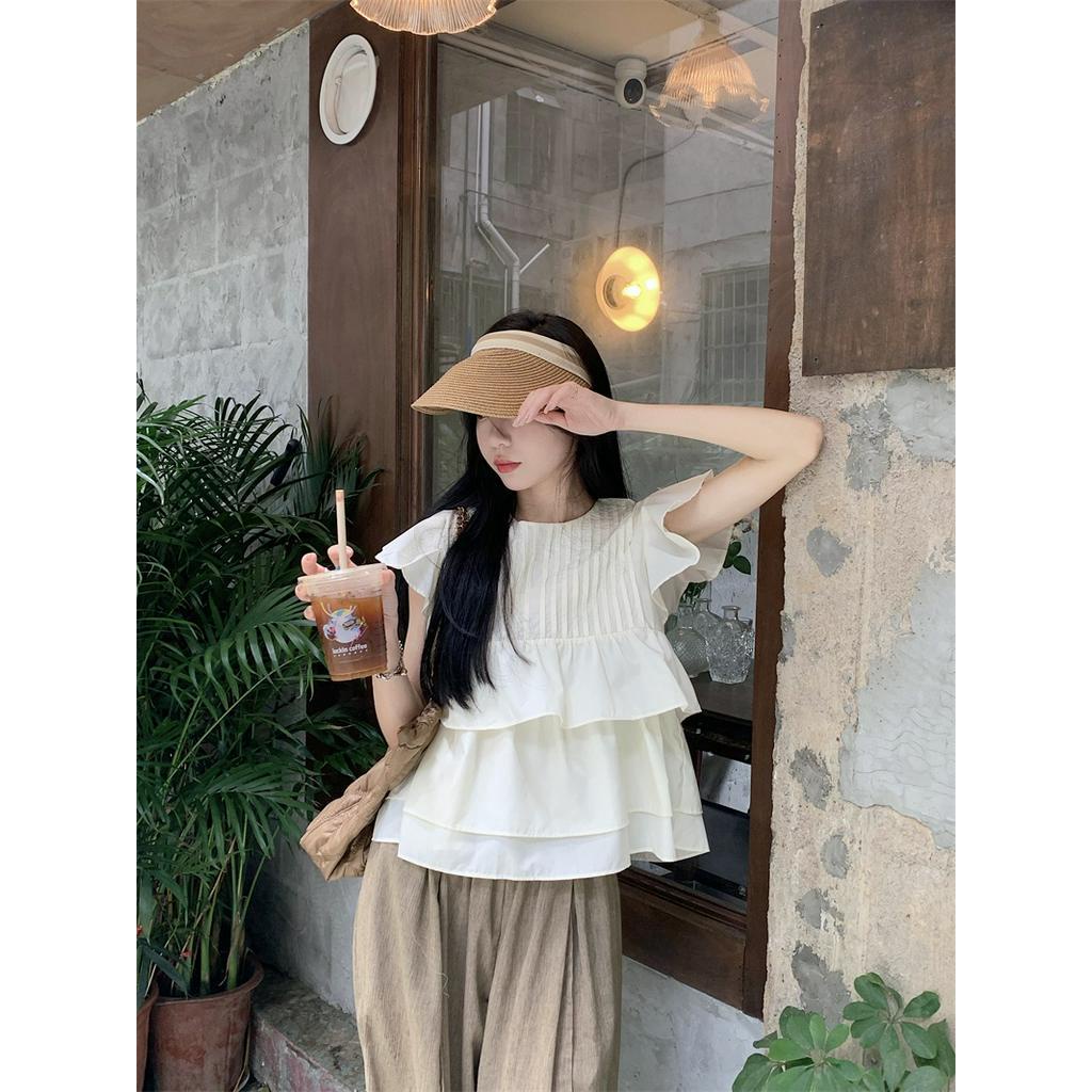 Áo Sơ Mi Cổ Tròn Xếp Ly Nhỏ Viền Tay Áo Bay Phong Cách Mới 65487
