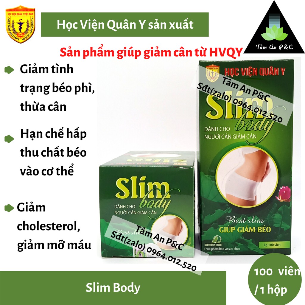 ( Giảm cân an toàn ) Viên uống giảm cân Slim Body sản xuẩt bởi Học viện Quân Y hộp 100 viên