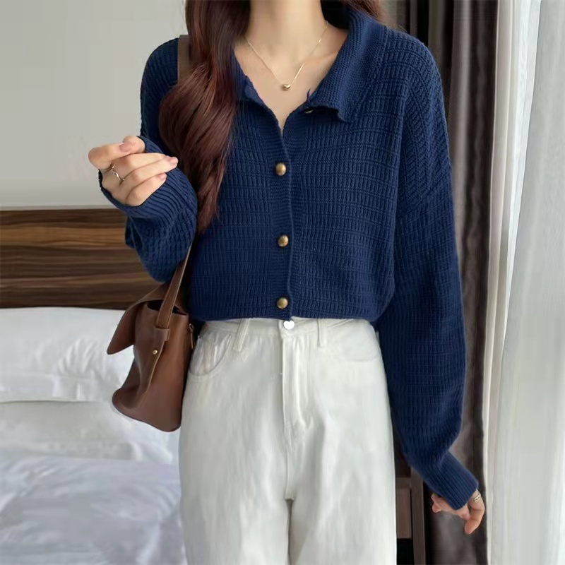 Áo Khoác Cardigan Dệt Kim Dáng Rộng Màu Sắc Đơn Giản Phong Cách Retro Hàn Quốc