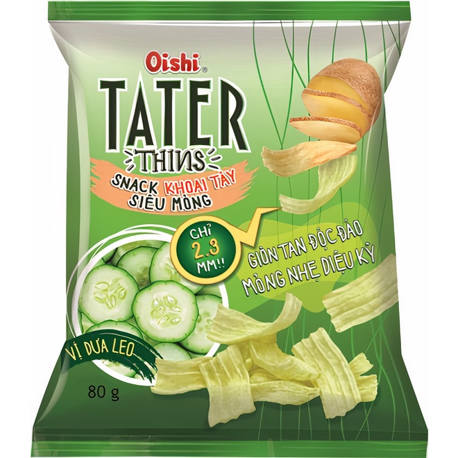 Combo 12 gói Oishi Snack Khoai Tây Siêu Mỏng Tater Thins Vị Dưa Leo (75g/gói)