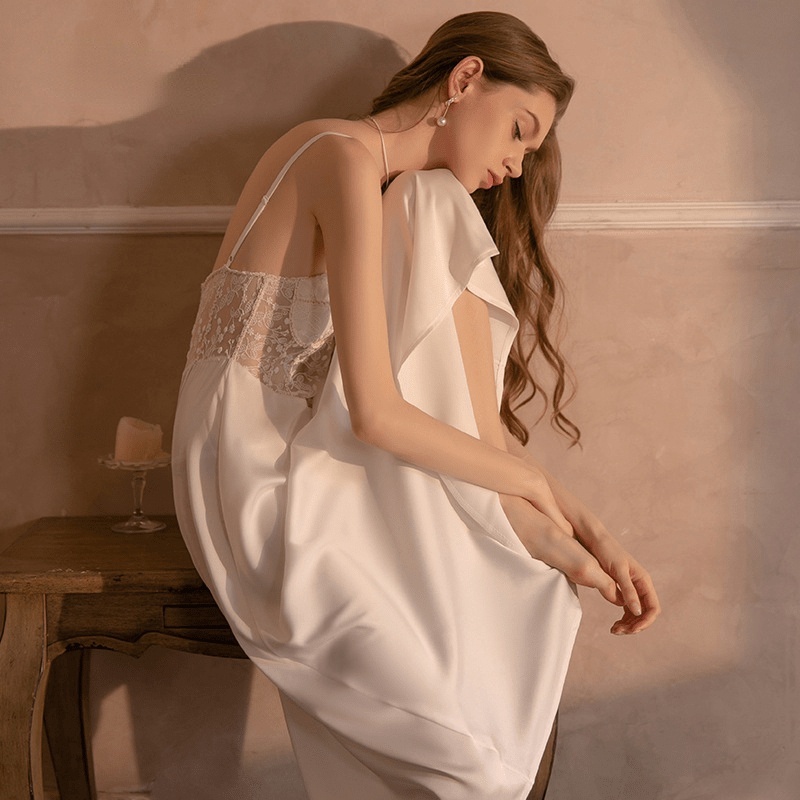 Set đầm ngủ satin dài phối ren + quần lót quyến rũ