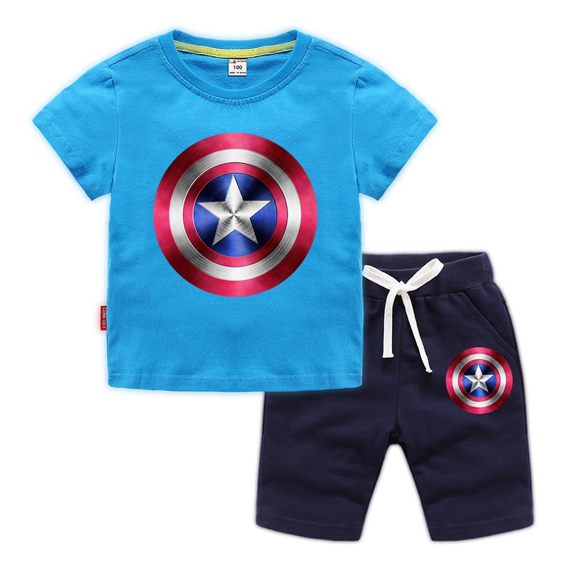 Bộ Đồ 2 Món Áo Thun Tay Ngắn In Hình Khiên Captain America Và Quần Dài Vải Cotton Dành Cho Bé Trai Bé Gái