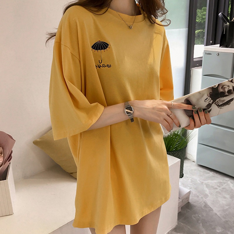 IELGY   Áo Thun Dài Vừa Thêu Họa Tiết Thời Trang Hàn Quốc Cho Nữ