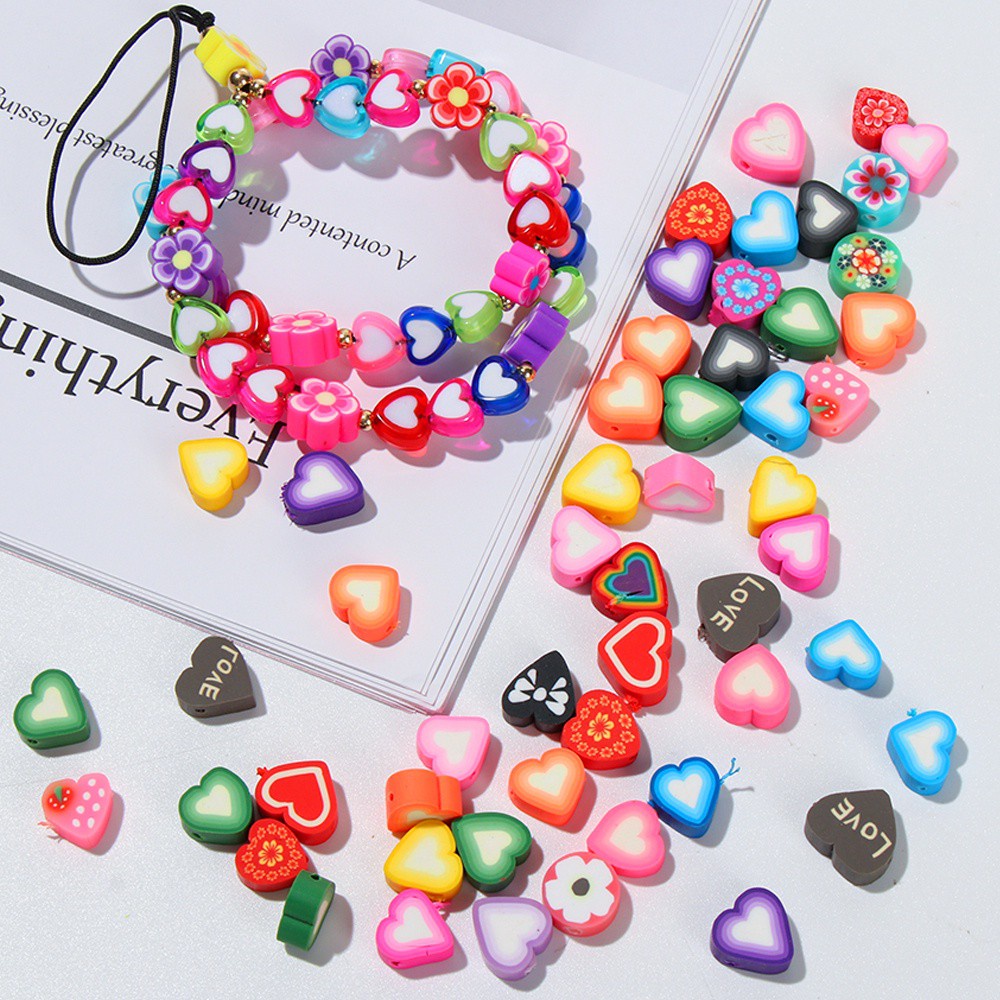 Bộ 50 Hạt Đất Sét Polymer 10mm Hình Trái Tim/Hoa Mận Làm Trang Sức Thủ Công