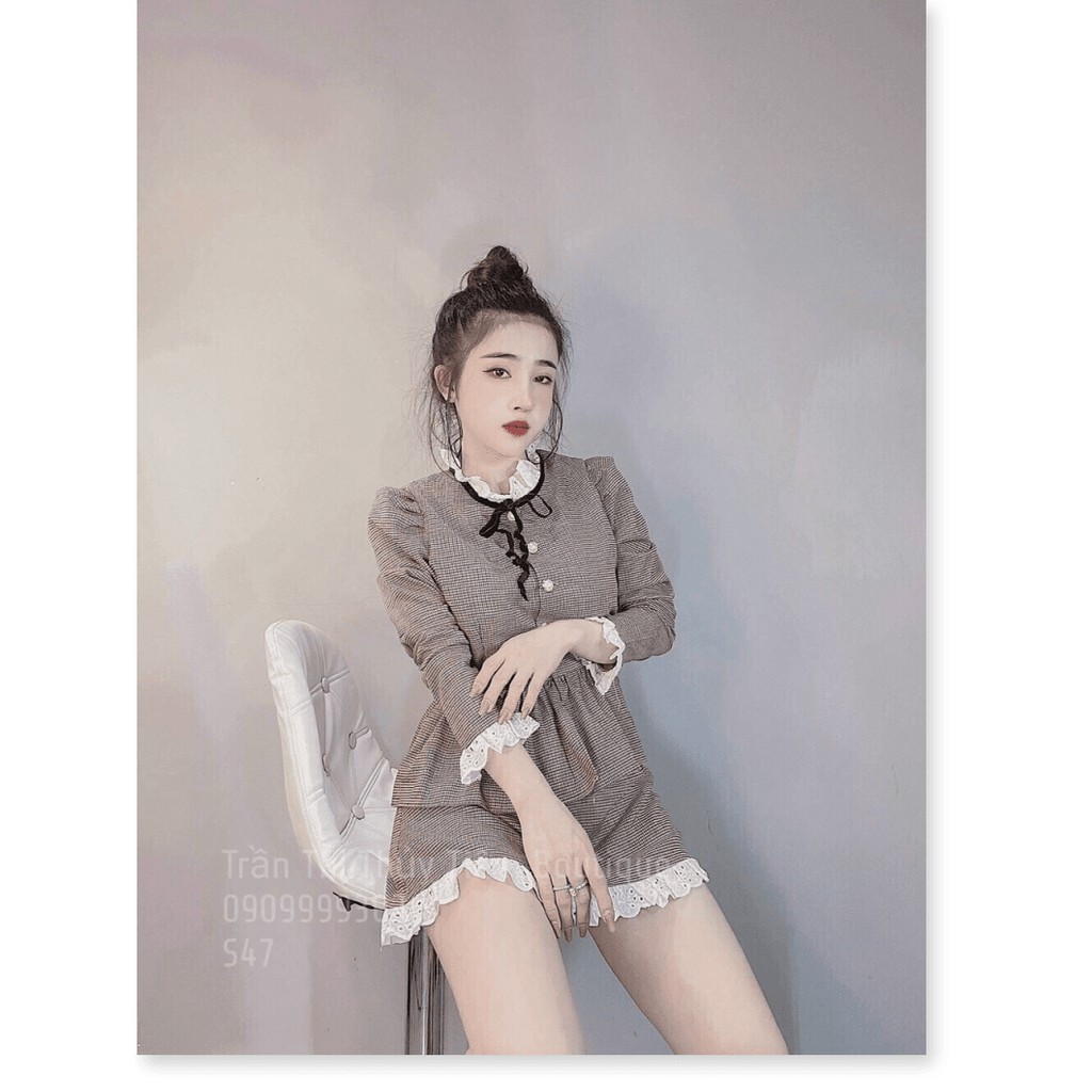 (BIG SALE) Set đồ tiểu thư siêu sang chảnh, kiểu áo tay dài cột nơ đính nút, viền ren, mặc đi chơi, đi tiệc, chất vải đầ