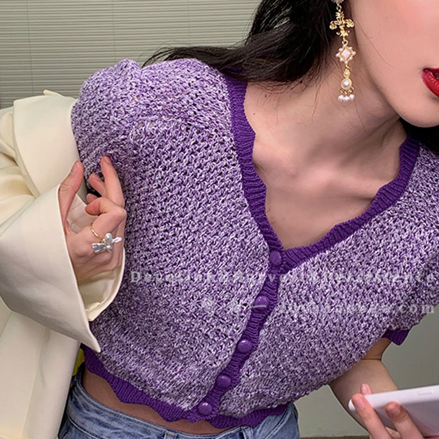 Áo Thun Dệt Kim Mỏng Dáng Ngắn Phối Bèo Xinh Xắn Cho Nữ