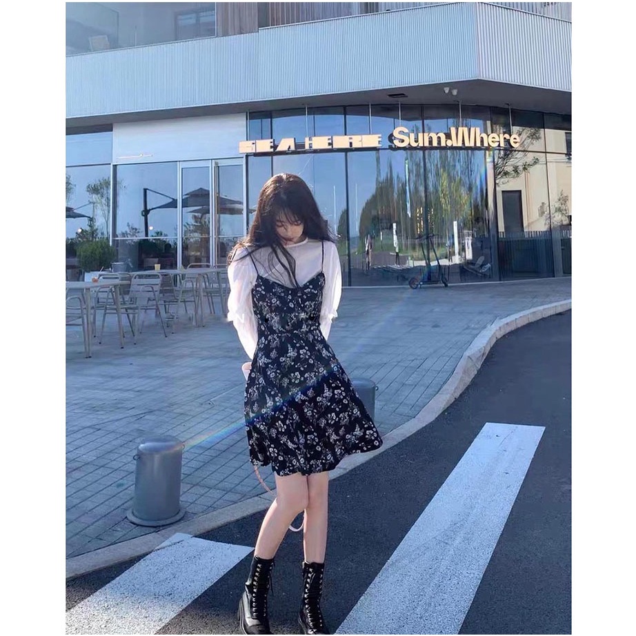 Váy hai dây hoa nhí có cúp ngực mic áo somi tay bồng tiểu thư bánh bèo hàng đẹp có size by Minxxy