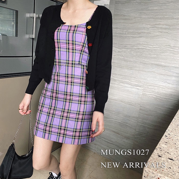 Đầm hai dây dáng ôm chữ A họa tiết sọc caro màu tím phong cách phương Tây thời trang cho nữ