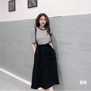 Set áo kẻ + chân váy yếm