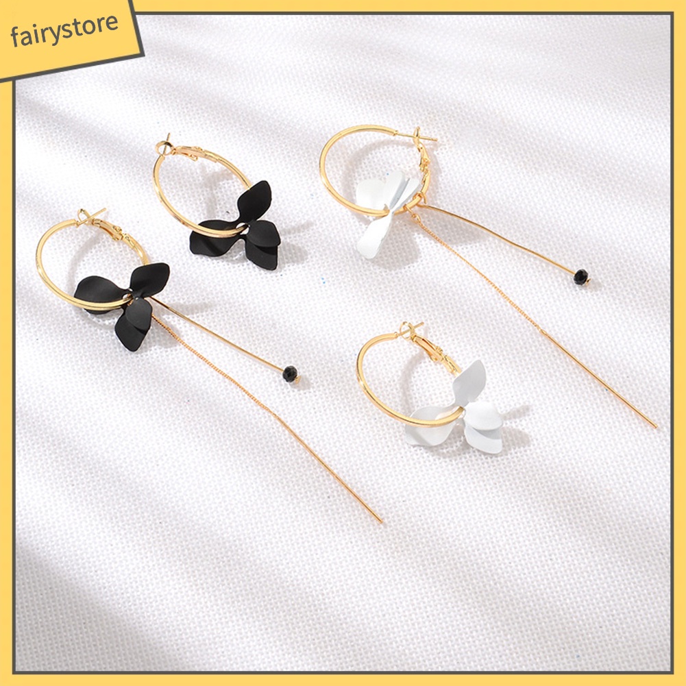 Khuyên tai vòng tua rua thả dây xích dài mặt hoa lá không cân xứng thời trang cho nữ