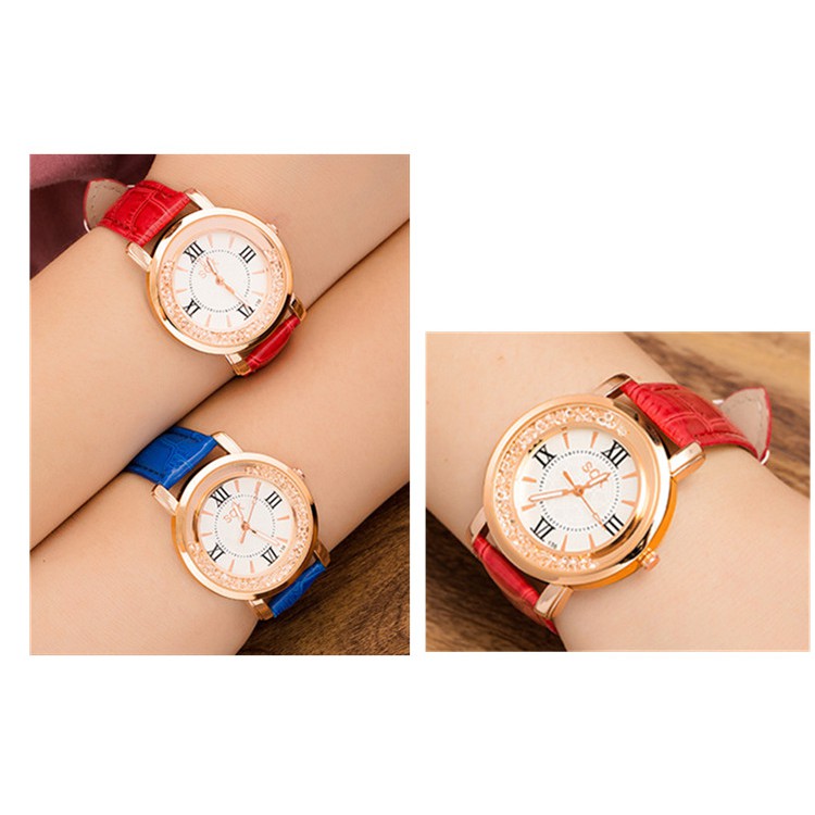 Đồng Hồ Analog Máy Quartz Nữ Mặt Đính Hột Xoàn Dây Da Thanh Lịch
