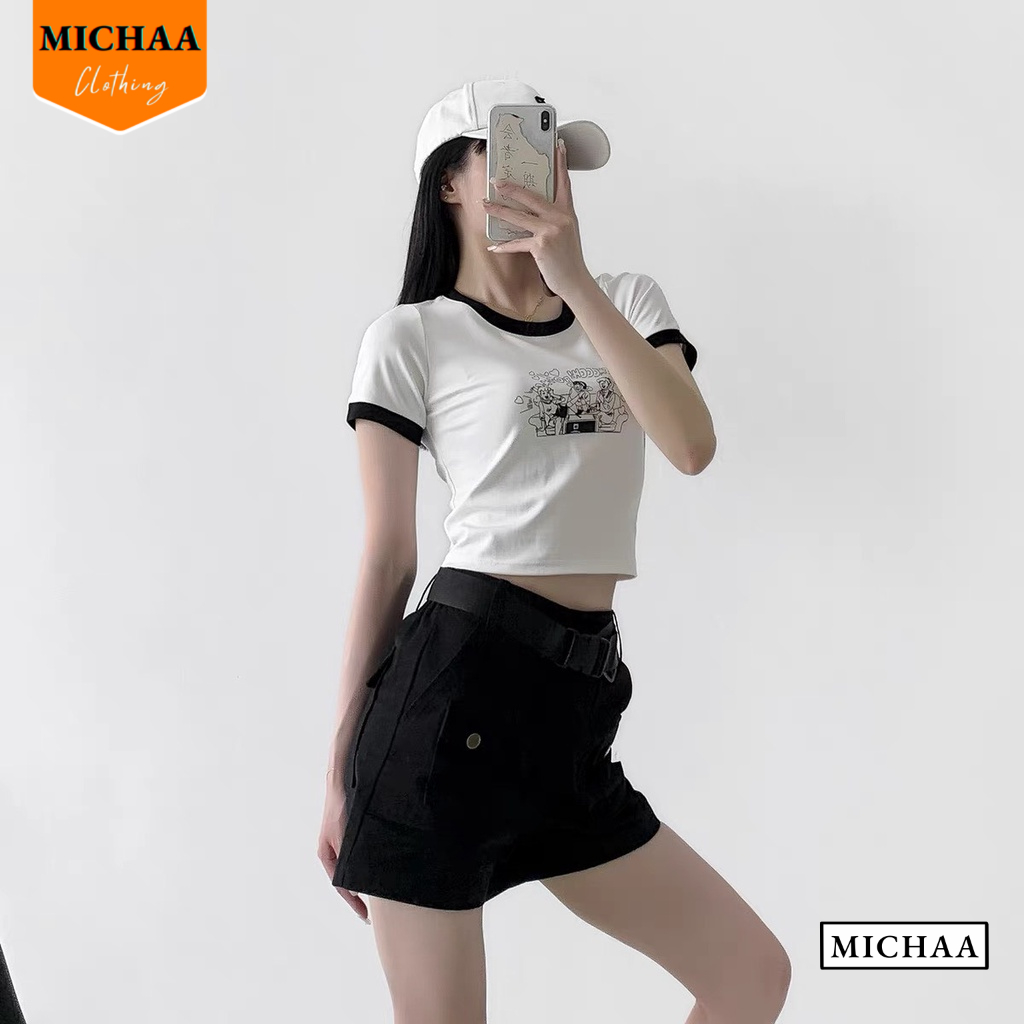Áo Croptop Ôm Body Nữ SMOOCH TIM Cổ Tròn Tay Ngắn, Áo Thun Croptop Kiểu In Họa Tiết - MICHAA CR89
