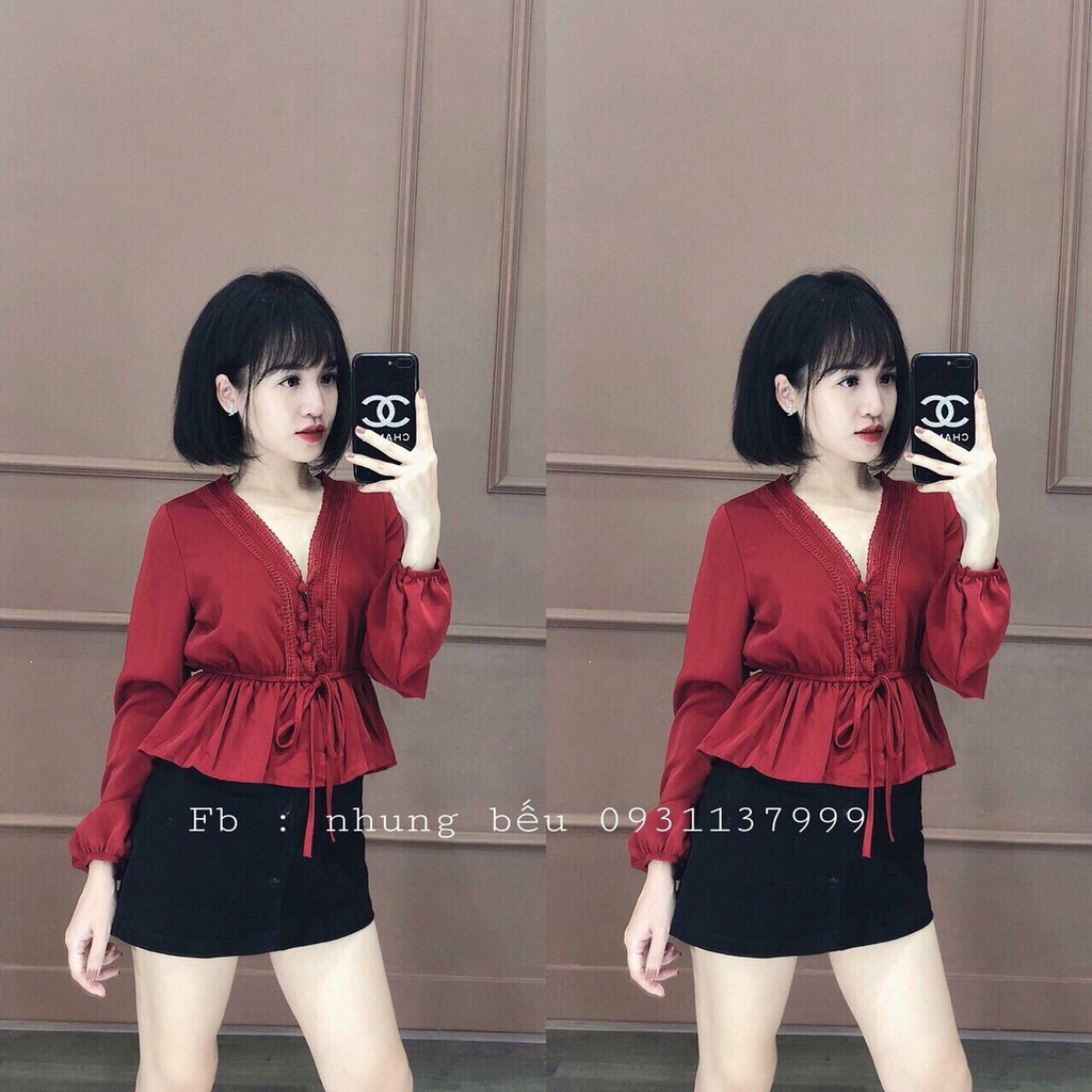 Aó sơ mi voan tay dài thắt dây cổ điển TTS0030