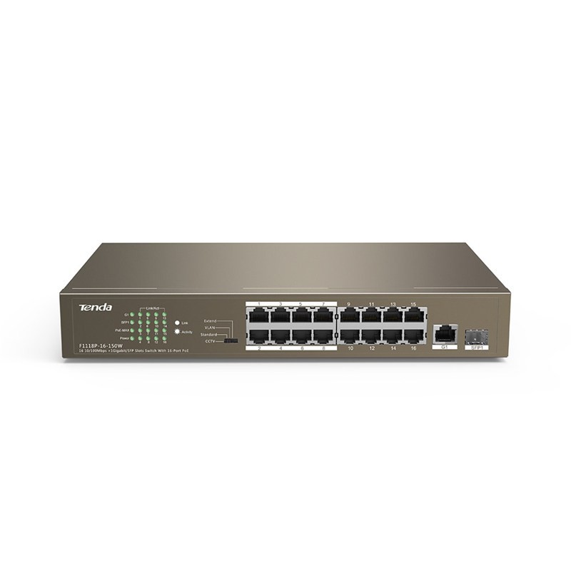 Switch POE 16 cổng + 1 cổng Uplink 1000Mbps Tenda TEF1118P-16-150w - Hàng chính hãng bảo hành 36 tháng