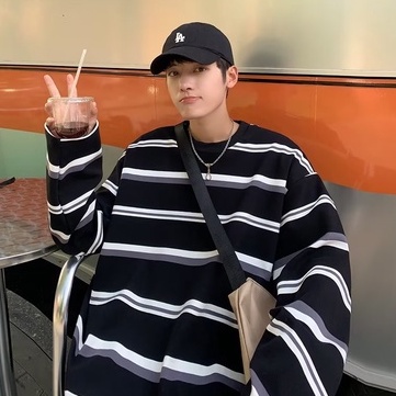 Áo Thun Nam Dài Tay Cổ Tròn Sọc Ngang Thời Trang