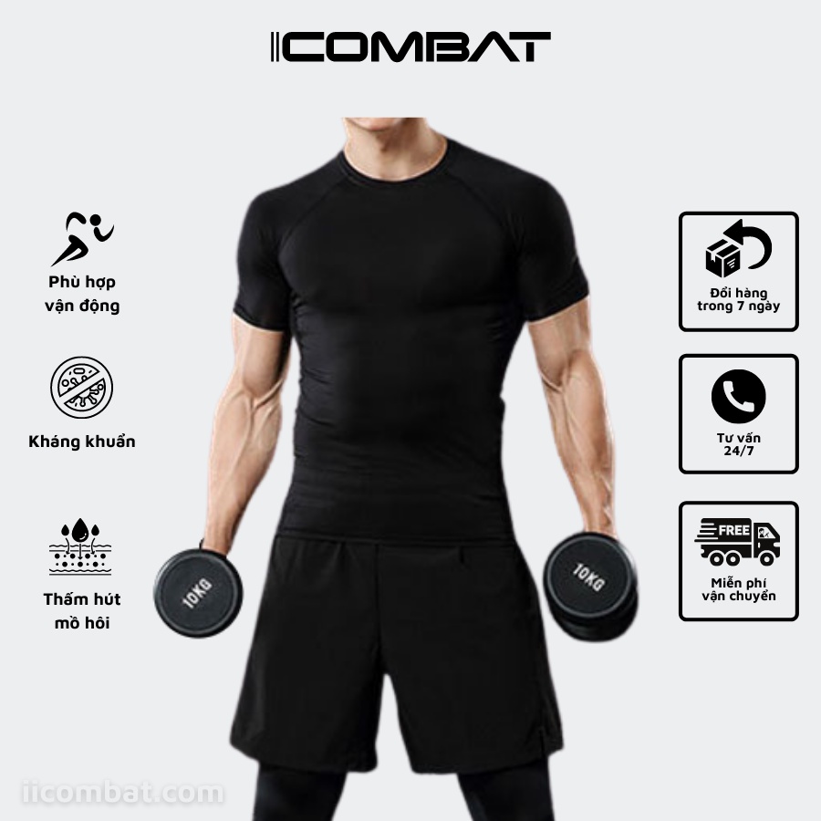 iiCOMBAT Áo Thể Thao Nam Tập Gym Cao Cấp Vải Coolmax Full đen - Áo Fitness Coat nam thoáng mát nhanh khô