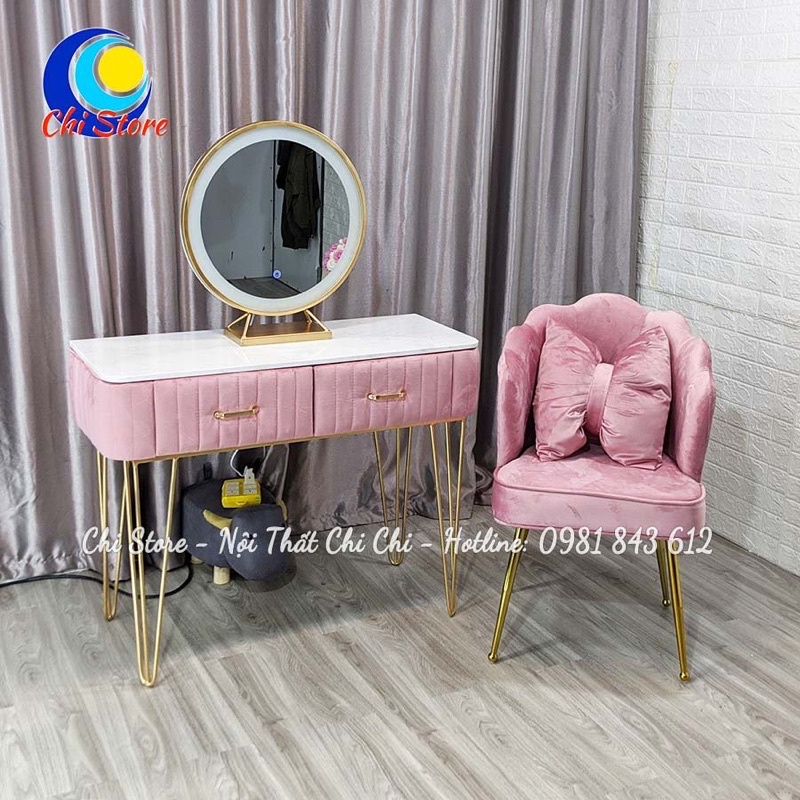 Bộ Bàn Trang Điểm Màu Hồng Baby Chân Màu Vàng Gold, Gương Cảm Ứng 2 Màu Sáng Siêu Xinh