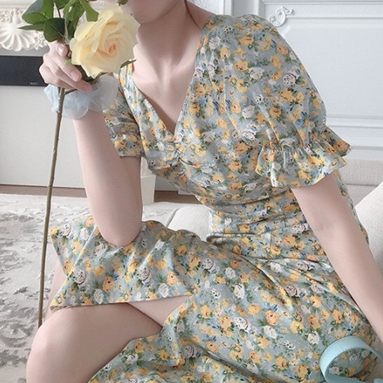 [SỈ SLL] Váy Hoa Nữ Dáng Midi Rúm Ngực Cực Điệu_Hàng Quảng Châu_Màu Tôn Da | BigBuy360 - bigbuy360.vn