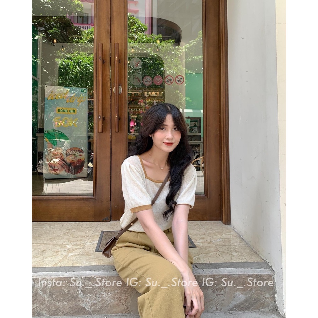 Áo len mongtoghi cộc tay cổ vuông pha viền A2385 SUSTORE