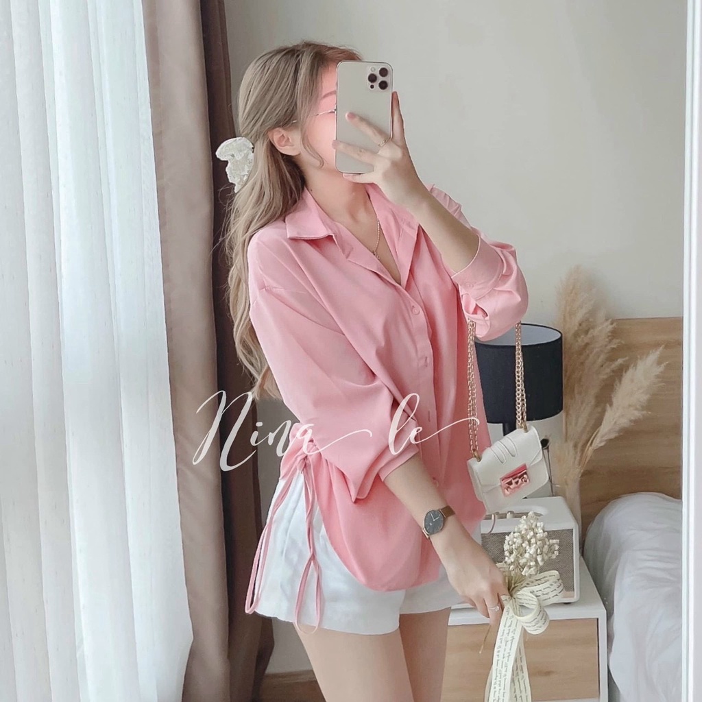 Set Áo Sơ Mi Trắng Hồng Dây Rút Mix Quần Sooc Đùi Mặc Thoải Mái Dễ Chịu
