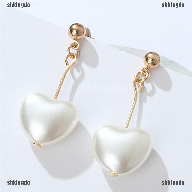 Đôi khuyên tai hợp kim dàng dài kết hạt trai giả hình trái tim thanh lịch và sành điệu cho nữ