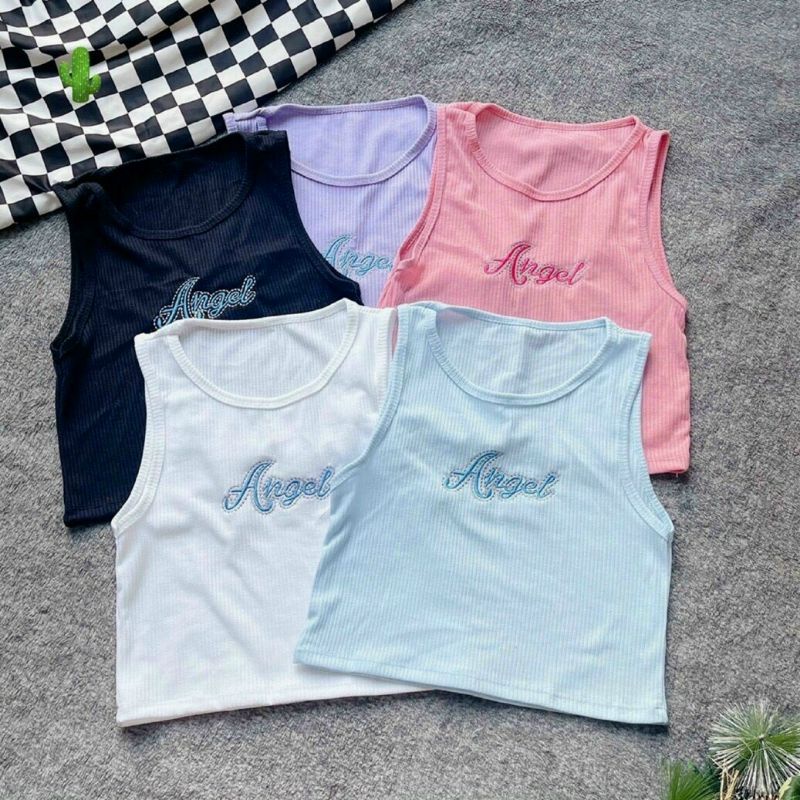 Áo croptop ba lỗ Vạt Bằng in chữ PC