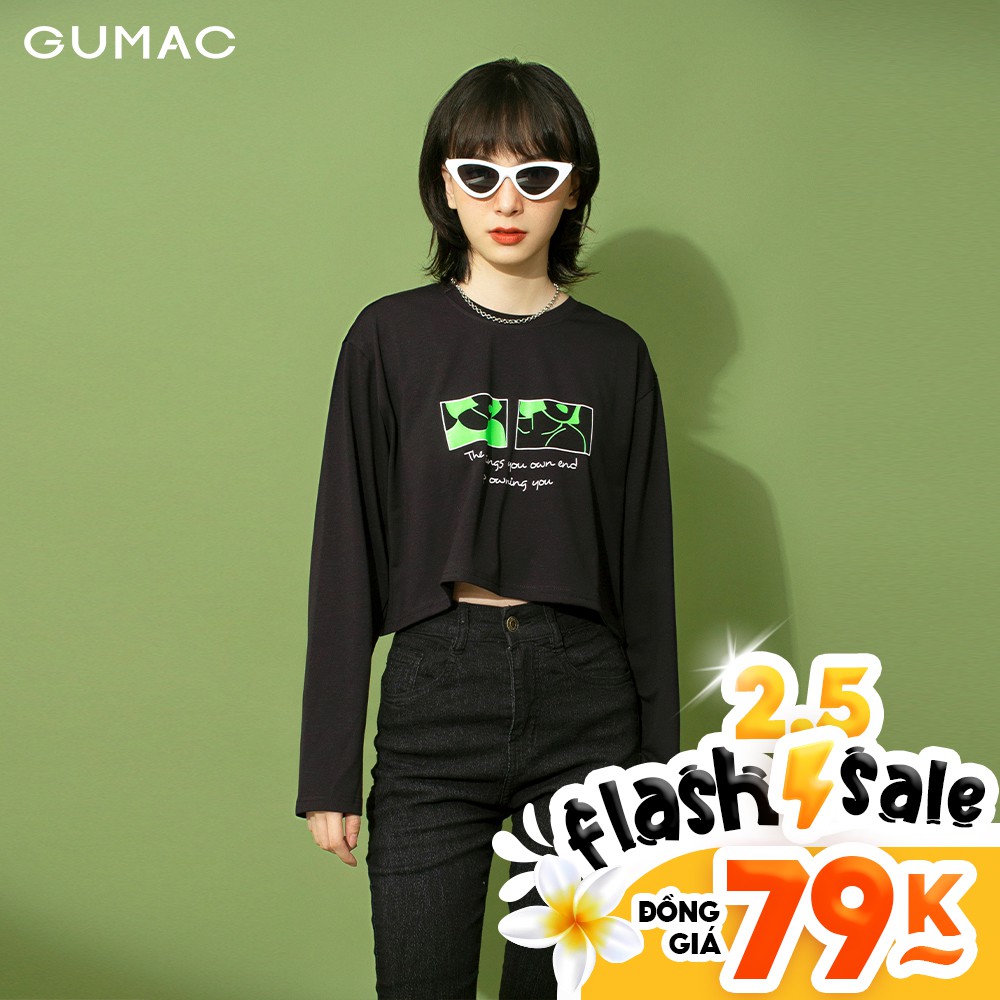 Áo thun croptop nữ in xanh GUMAC màu đen, freesize, phong cách năng động, trẻ trung ATB198 | BigBuy360 - bigbuy360.vn