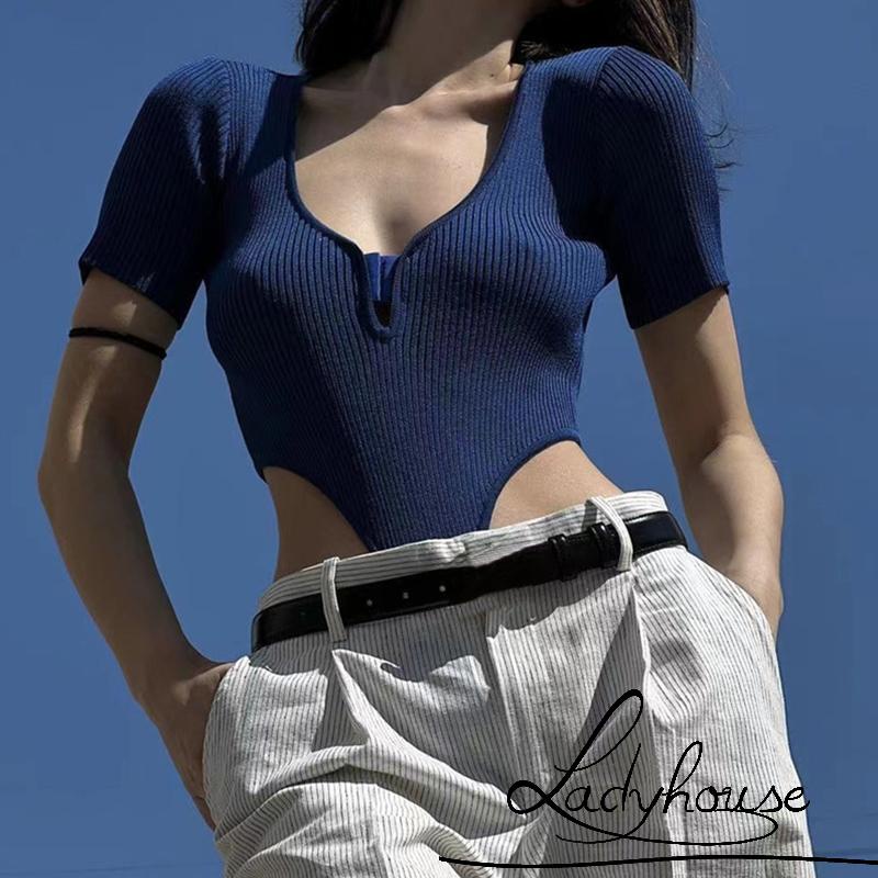 Áo Liền Quần Ngắn Tay Cổ Chữ V Màu Trơn Dáng Ôm Gợi Cảm Cho Nữ