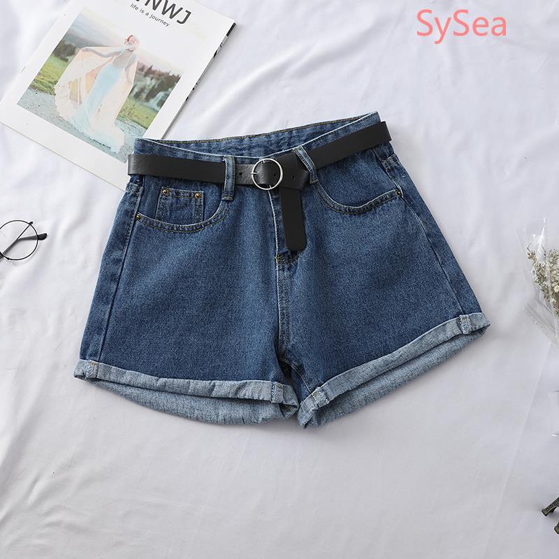 Quần đùi denim lưng cao ống rộng phong cách mùa hè Hàn cho học sinh kèm dây nịt