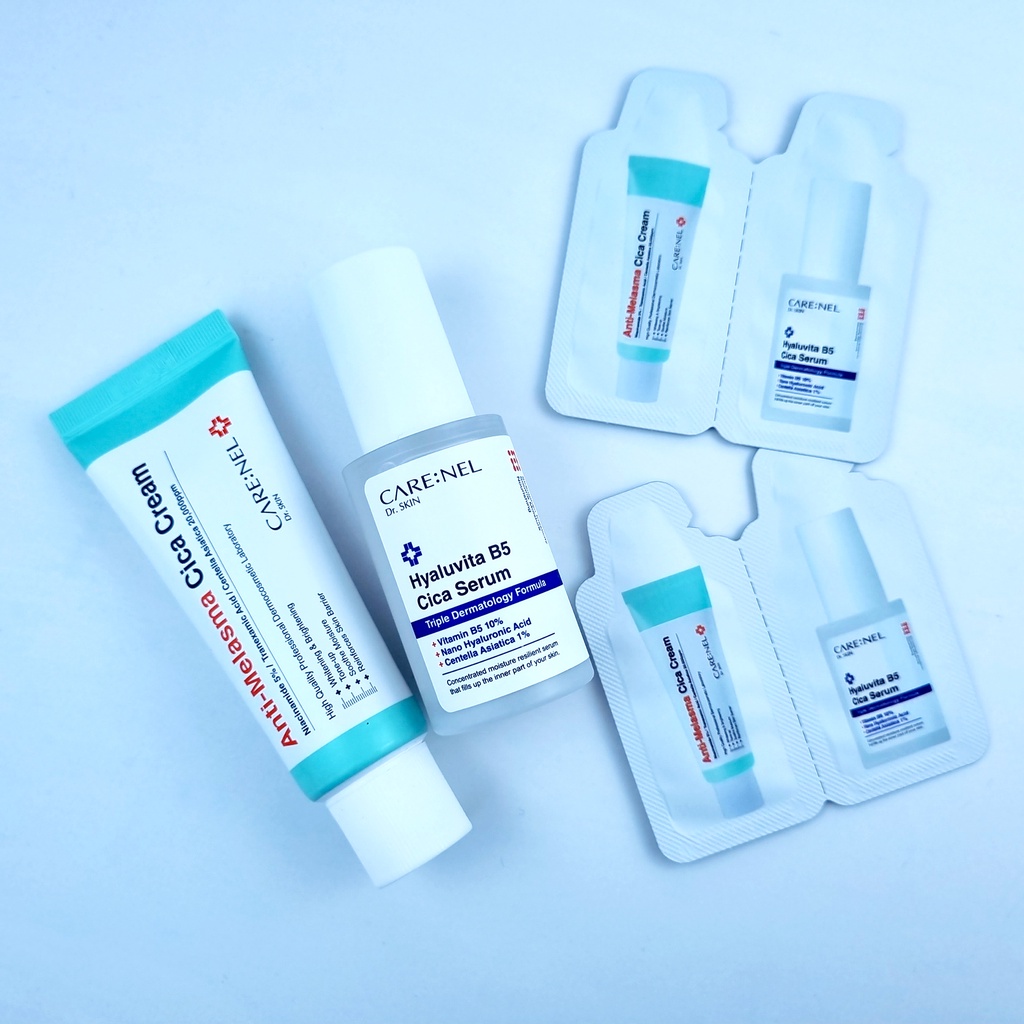 Minisize tinh chất dưỡng serum Carenel Hyaluvita B5 Cica Serum và kem dưỡng ngừa nám Anti-Melasma Cica Cream 2,4ml
