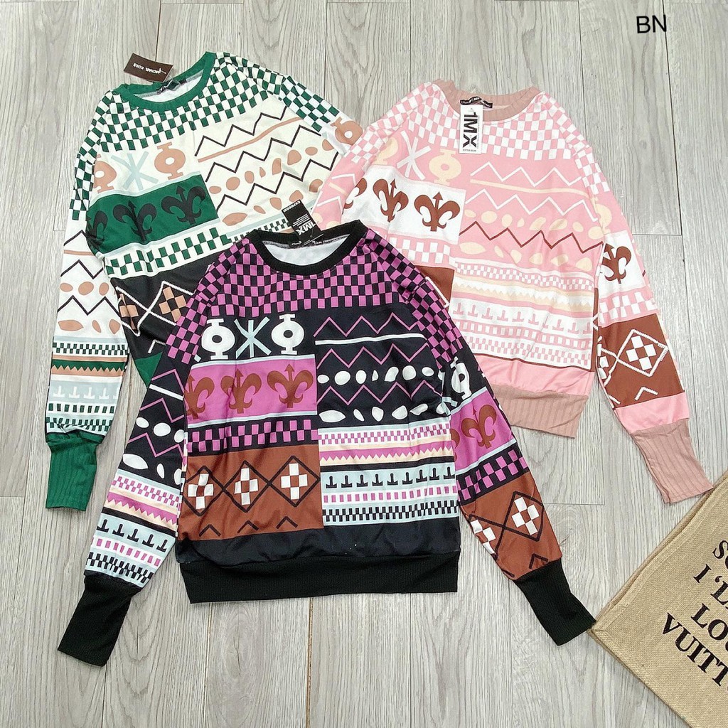 Áo nỉ nữ họa tiết thổ cẩm phối bo len dày dặn - Áo hoodie nữ freesize - CM Shop