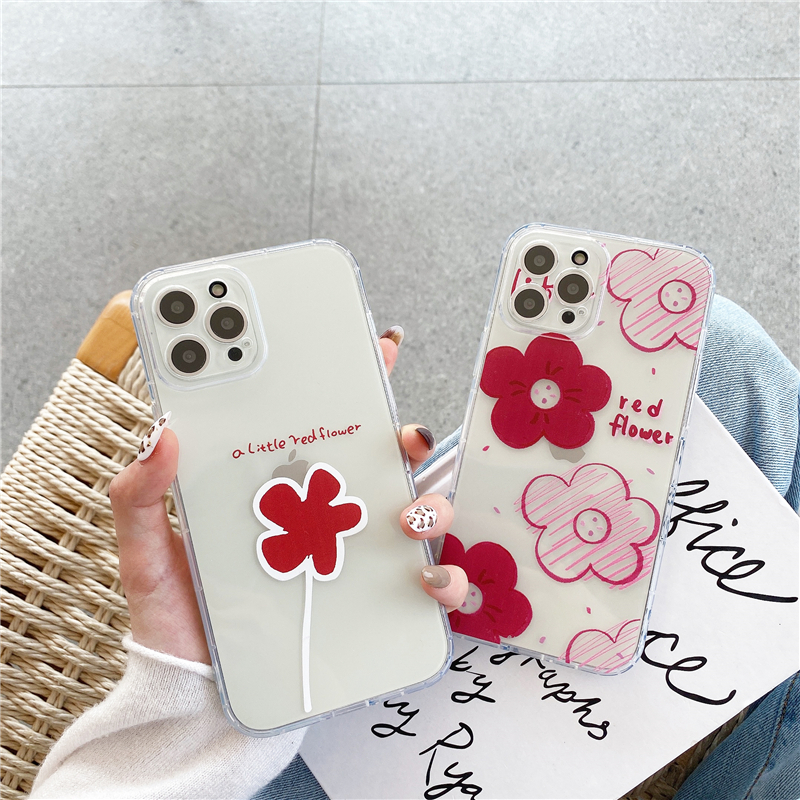 Suitable for oppo A5/A3S transparent small red flower A53 2020 A52020/A92020 anti-drop mobile phone shell A7/A5S/A12 A8/A31 2020 A15 personality fresh and shockproof phone soft TPU shell