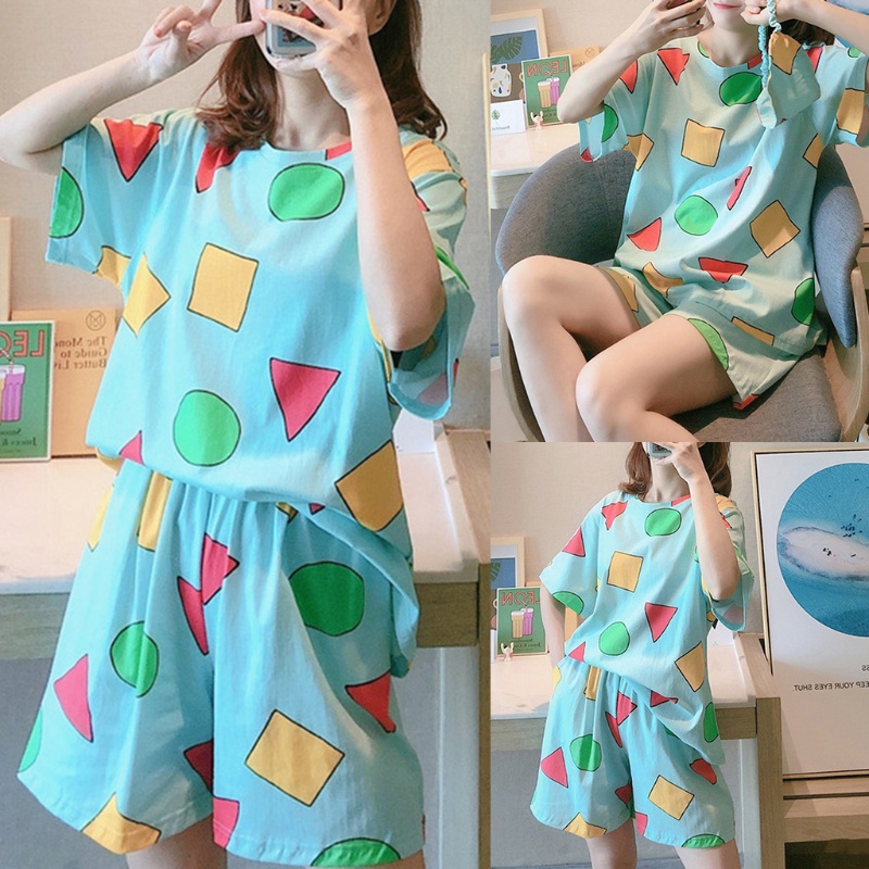 Bộ Đồ Ngủ 2 Món Tay Ngắn Cổ Tròn In Họa Tiết Hình Học Nhiều Màu Thời Trang Mùa Hè Cho Nữ