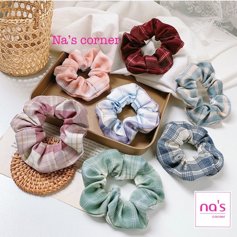 Thun cột tóc vải chun buộc màu caro năng động