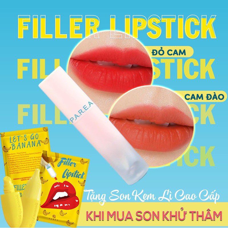 𝗖𝗼́ 𝗦𝗔̆̃𝗡 Son Filler Collagen Chuối Khử Thâm Parea cùng son màu Chu Lipstick, giúp môi căng mọng hồng hào