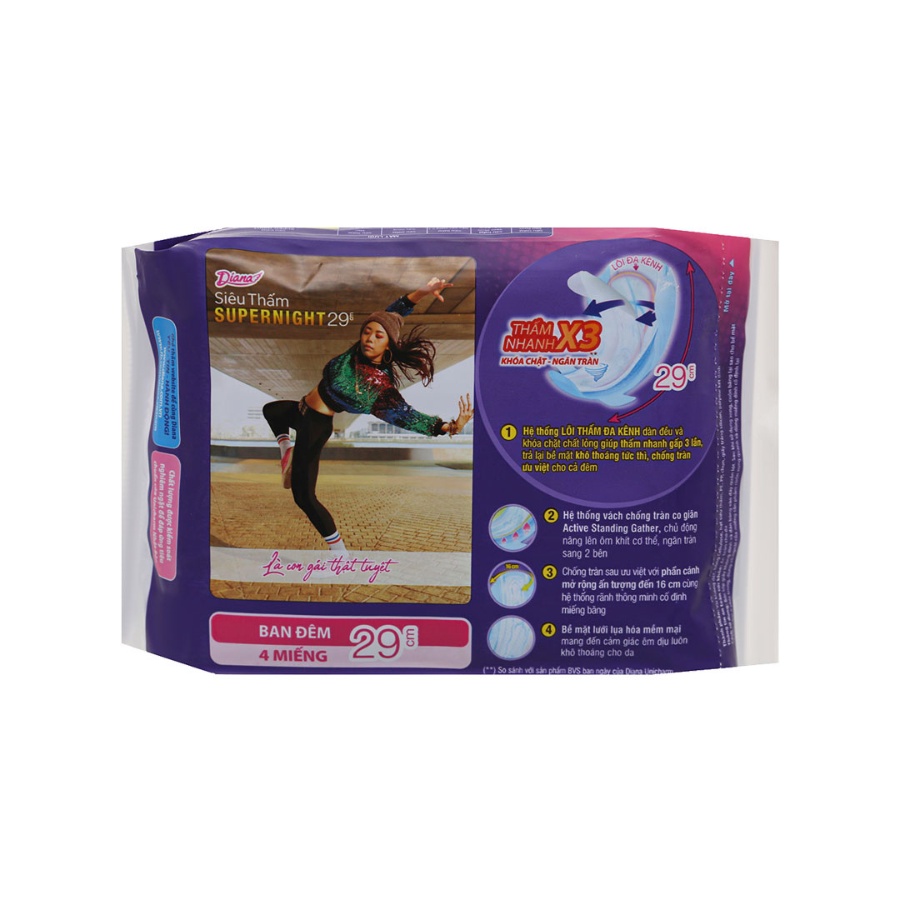 Băng Vệ Sinh Siêu Thấm Super Night Có Cánh 29cm Diana 4 Miếng